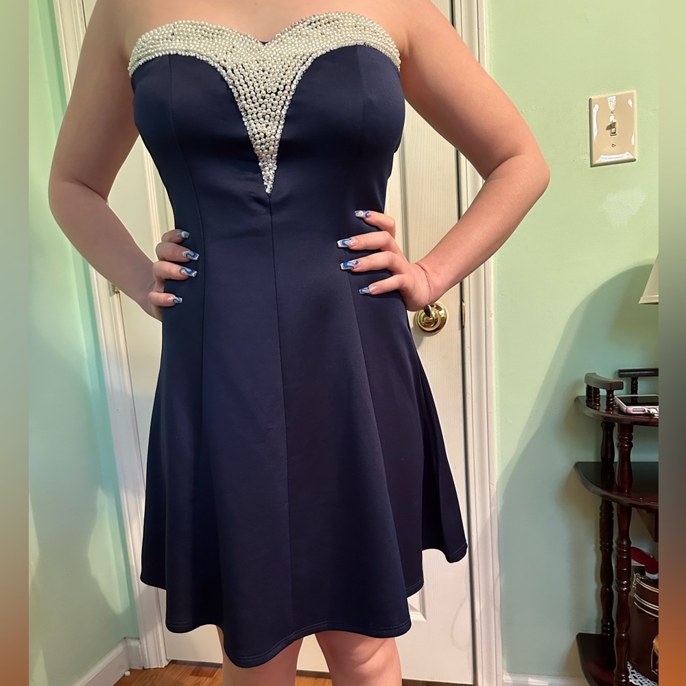 blue strapless dress